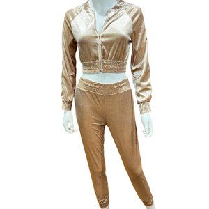 Women's Tracksuit Set 2 Piece Velvet Zip Crop Top Slim Sweatshirt & Jogger Pants